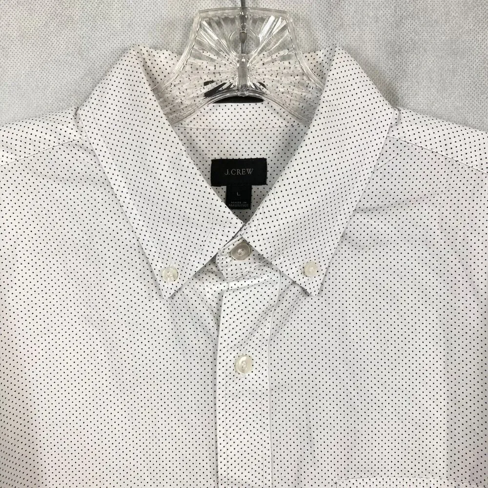 J. Crew Shirt Mens Sz L White Navy Blue Polka Dot Cotton Slim‎ Fit Button Up
